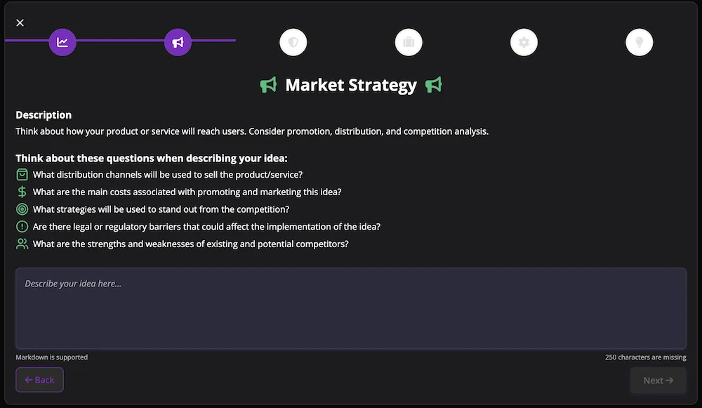 Market Strategy step in idea validation tool