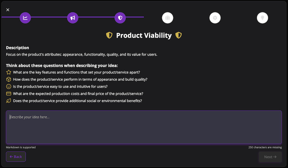 Product Viability step in idea validation tool