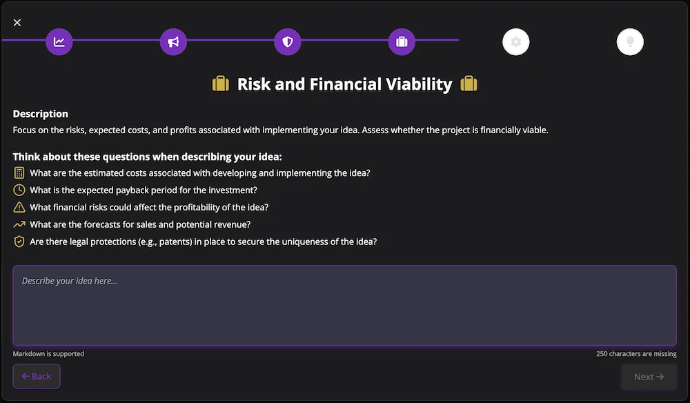 Risk and Financial Viability step in idea validation tool